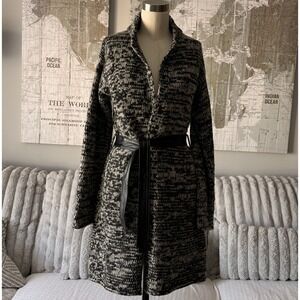 Banana Republic Knit Cardigan Sweater Wrap Belted Black Cream Open Front Size S